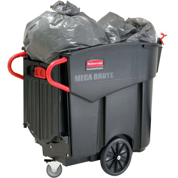 A black Rubbermaid Mega Brute waste collector on a red cart.