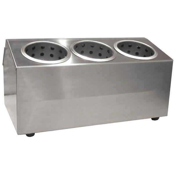 A stainless steel countertop condiment dispenser with 3 holes.