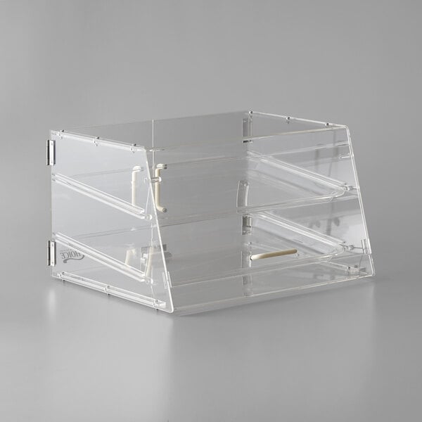 A clear plastic container with two shelves for Choice Bakery Display Case.