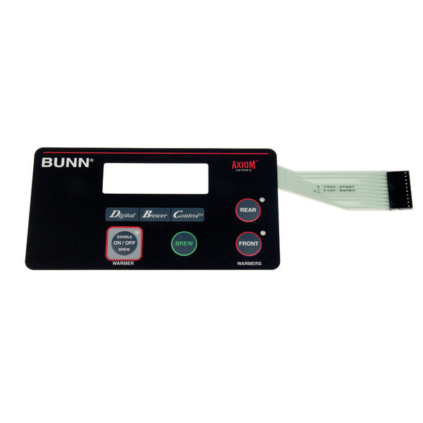 A black rectangular Bunn membrane switch with buttons and a wire.