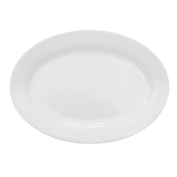 A white oval bone china platter with a white rim.