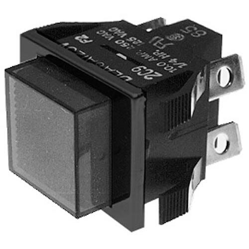 A close-up of a rectangular black Bunn push button switch with a light on it.