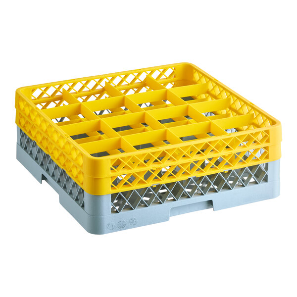 A gray full-size glass rack with two yellow extenders and sixteen compartments.