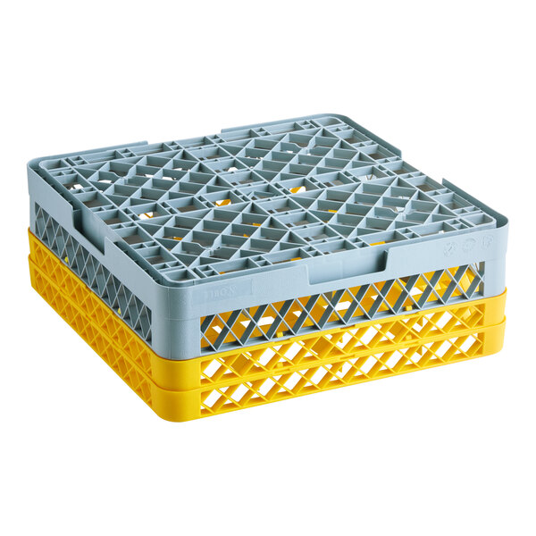 A gray full-size glass rack with 16 compartments and two yellow extenders.