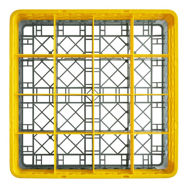 A gray full-size glass rack with 16 compartments and two yellow extenders.