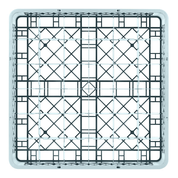 A gray metal rack with a grid pattern on it.