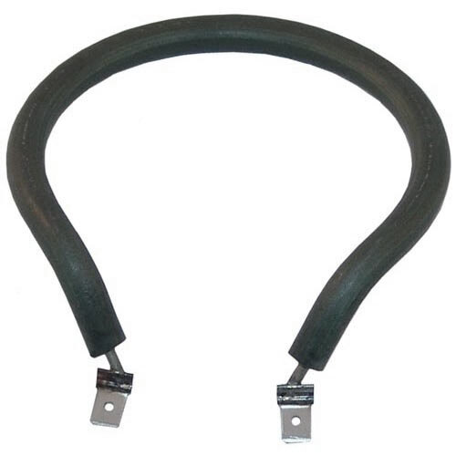 A black rubber cable with two metal clips attached to a metal piece with a hole.