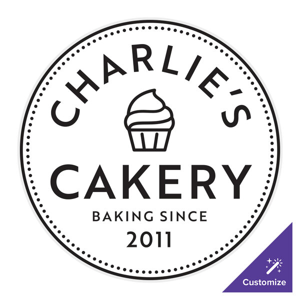 A white circle label with black text and a cupcake logo for Charlie's Bakery.