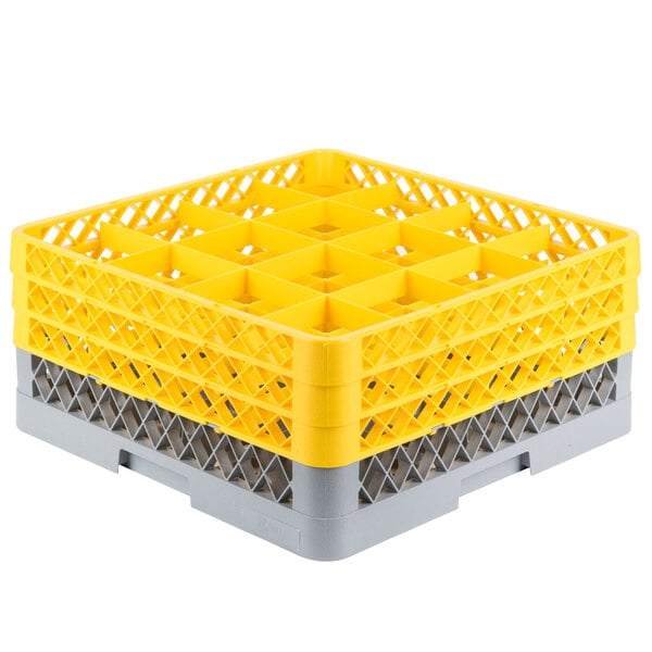 Noble Products 16-Compartment Gray Full-Size Glass Rack with 3 Yellow Extenders - 19 3/8" x 19 3/8" x 8 3/4"