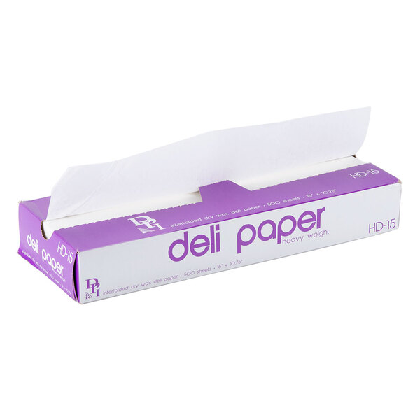 A white box of Durable Packaging deli sheets with purple and white text.