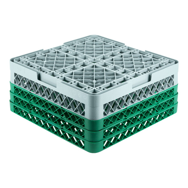 A gray full-size glass rack with three green extenders and 36 compartments.