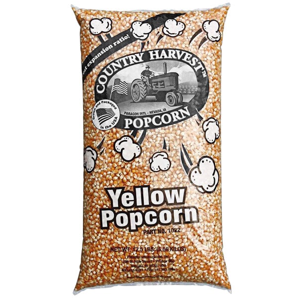 A bag of Paragon Country Harvest Yellow Butterfly Popcorn Kernels with a tractor on it.