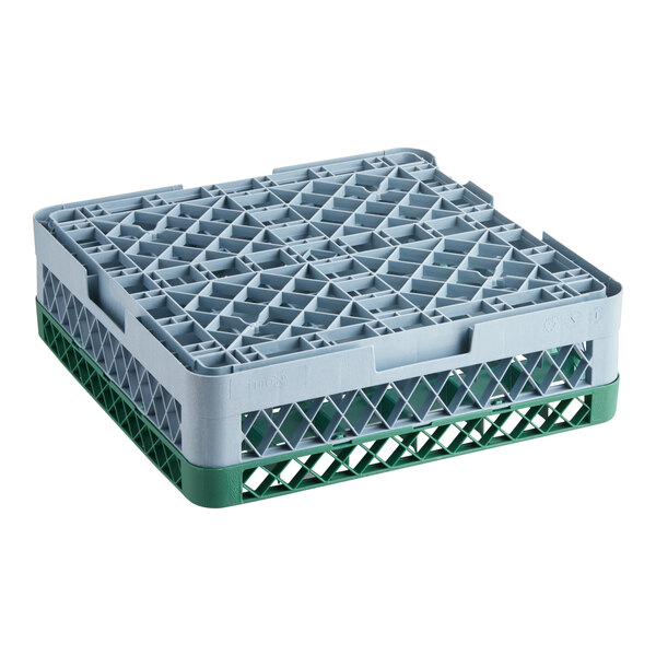 A gray full-size glass rack with 36 compartments and one green extender.