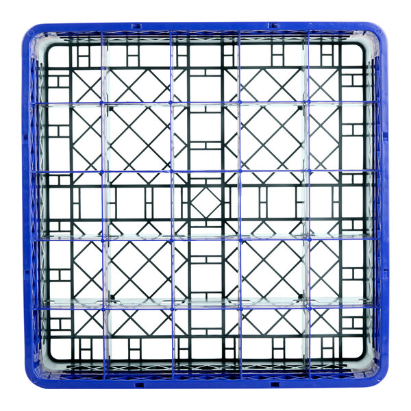 A gray plastic glass rack with blue and black extenders.