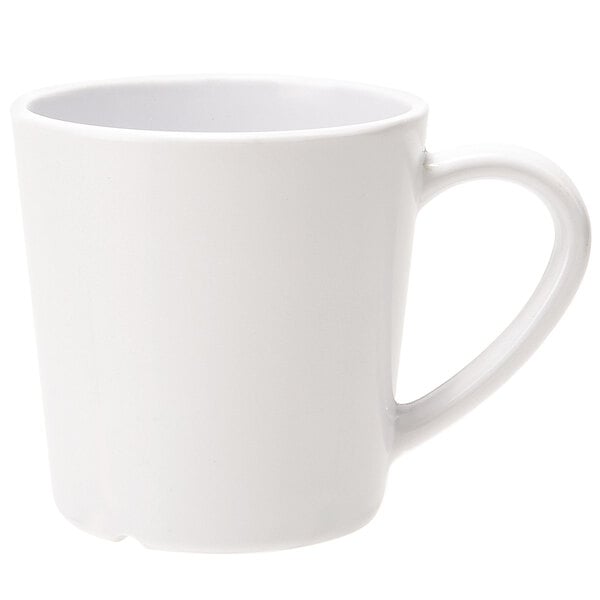 A white melamine cup with a handle.