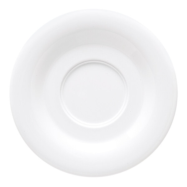 A white melamine saucer with a circle in the middle.