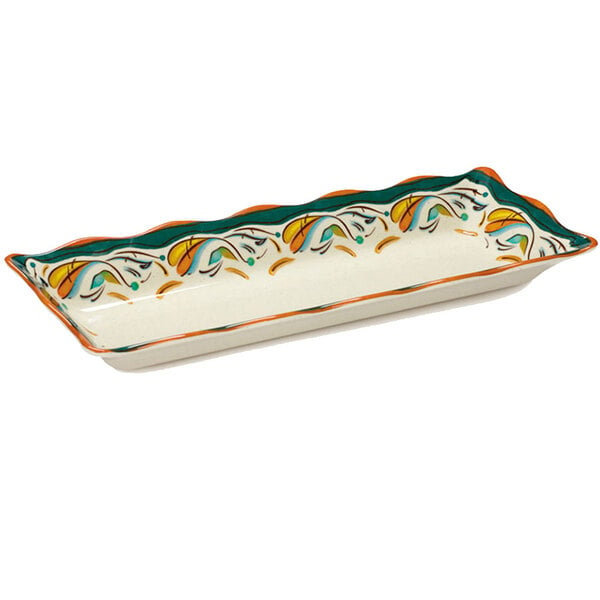 A white rectangular melamine display tray with a colorful scalloped design.