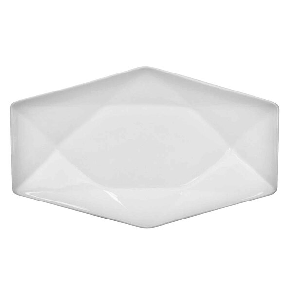 A bright white rectangular porcelain platter with a diamond shaped design.