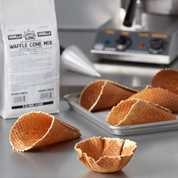A bag of Carnival King Vanilla Waffle Cone Mix on a counter.