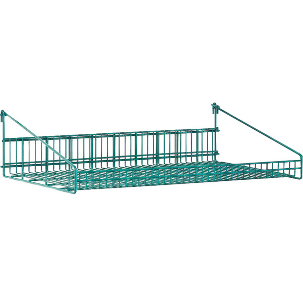 A Metro Metroseal 3 green wire shelf with a retaining ledge.