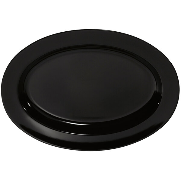 A black oval platter with a black border.