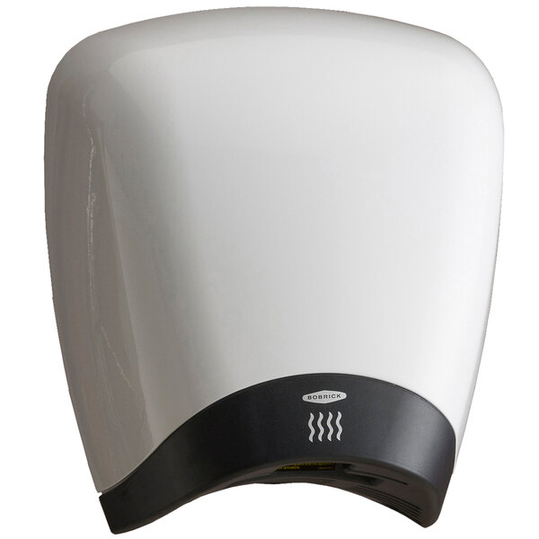 A white Bobrick QuietDry hand dryer with a white high gloss cover.