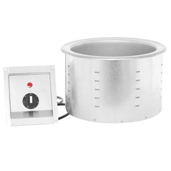 A silver Vollrath drop-in soup well with a control panel.