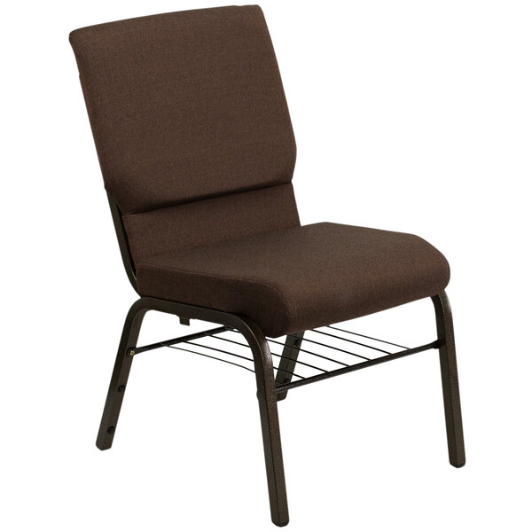 A Flash Furniture dark brown church chair with a gold vein metal frame.