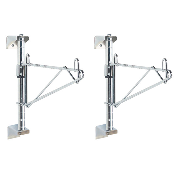 Two chrome Metro wall mount brackets with hooks on them.