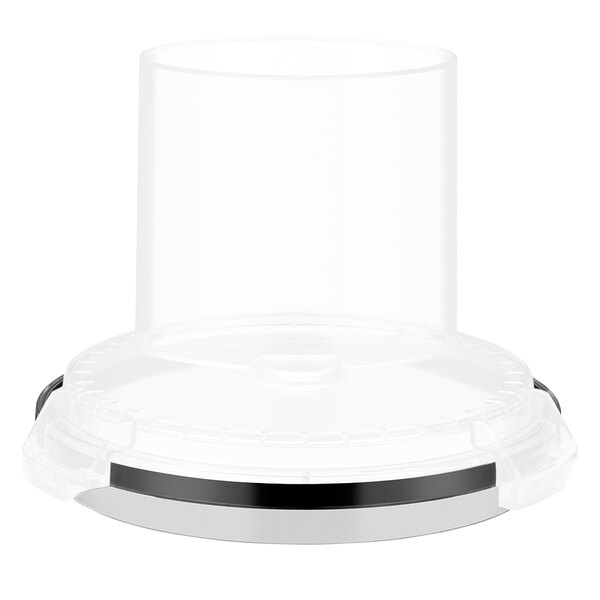 A clear plastic container with a black band.
