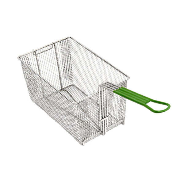 A Frymaster dual fryer basket with a wire frame and green plastic-coated handles.