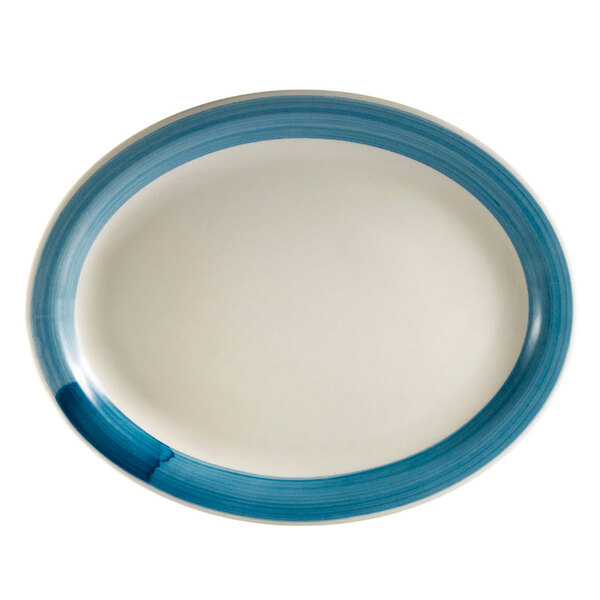 A white platter with a blue rim.