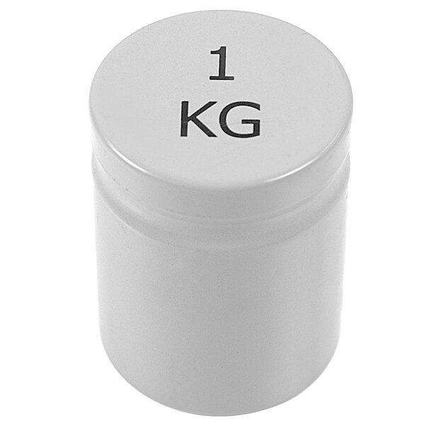 A white plastic container with black text reading "Edlund W0942M Series II Scale Weight for Metric Bakers Dough Scales - 1 kg"