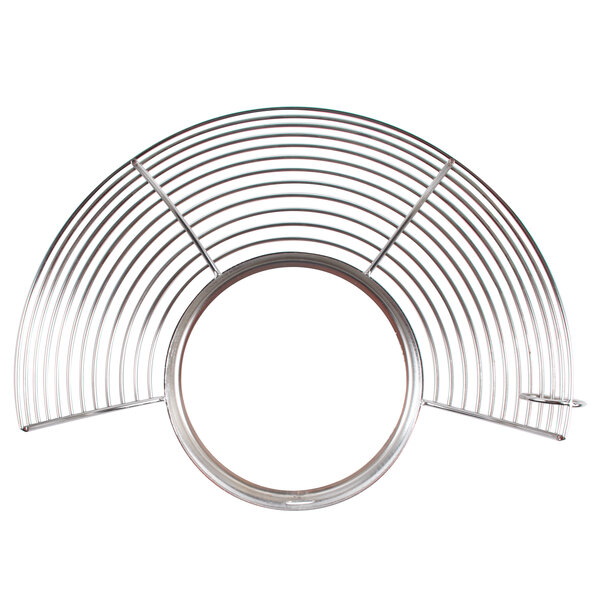 A stainless steel metal bowl guard with a circular design.