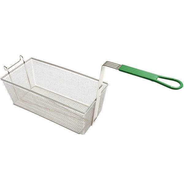 A wire mesh Frymaster twin fryer basket with a green handle.
