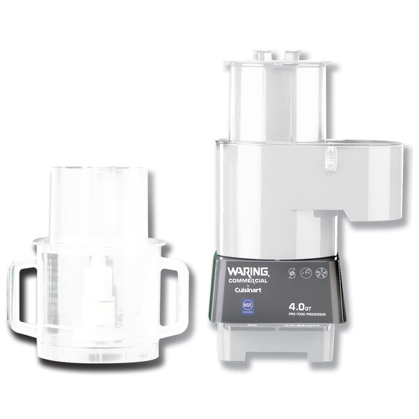 The upper housing for a Waring commercial food processor with a grey box with white text.