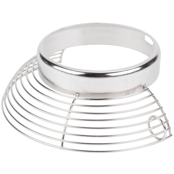 A stainless steel bowl guard with a metal ring and wire.