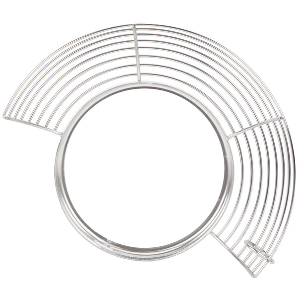 A stainless steel metal bowl guard with a spiral design.