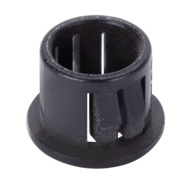 A close-up of a black plastic Waring snap bushing with holes.