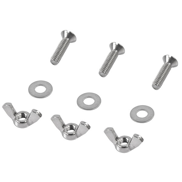 Three stainless steel screws and nuts.