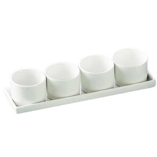 CAC DT-SQ10 Gourmet 9" X 2 1/2" Bright White Porcelain Tray with (4) 2 oz. Round Bowls - 10/Case