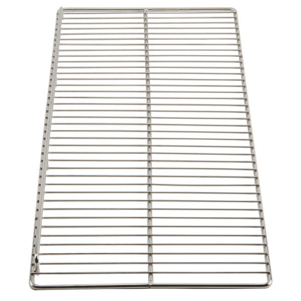 A stainless steel metal grate with holes on a white background.