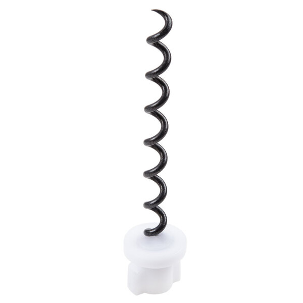 A white plastic object with a black spiral.