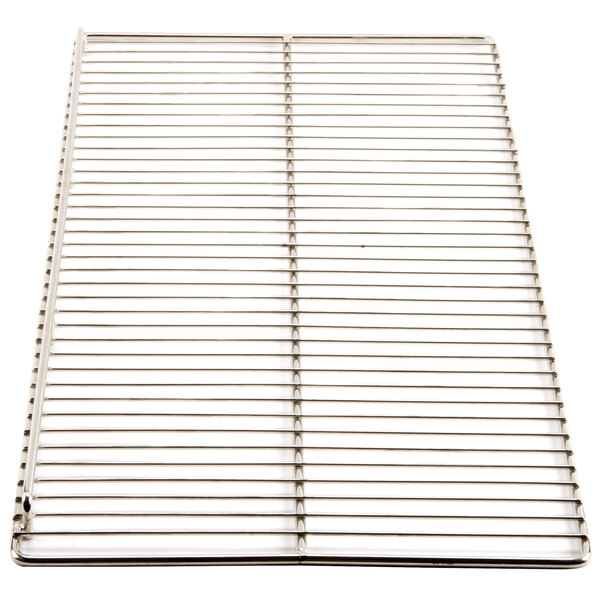 A stainless steel metal rack with holes.