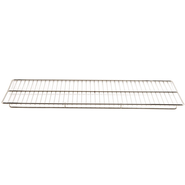A metal rack on a stainless steel shelf.
