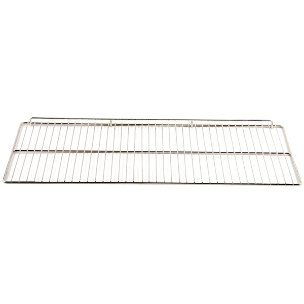 A stainless steel metal rack with a wire grid.