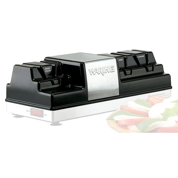A black and silver Waring Top Sharpener Housing on a counter.