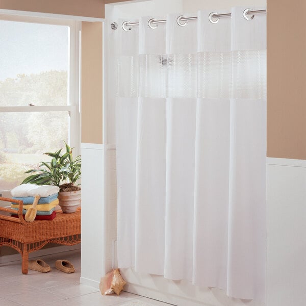 A white Hookless shower curtain with a bubble-textured window.