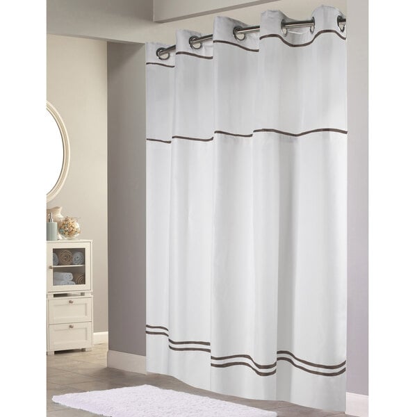 Brown Stripe Escape Shower Curtain, Hookless White Shower Curtain With Window