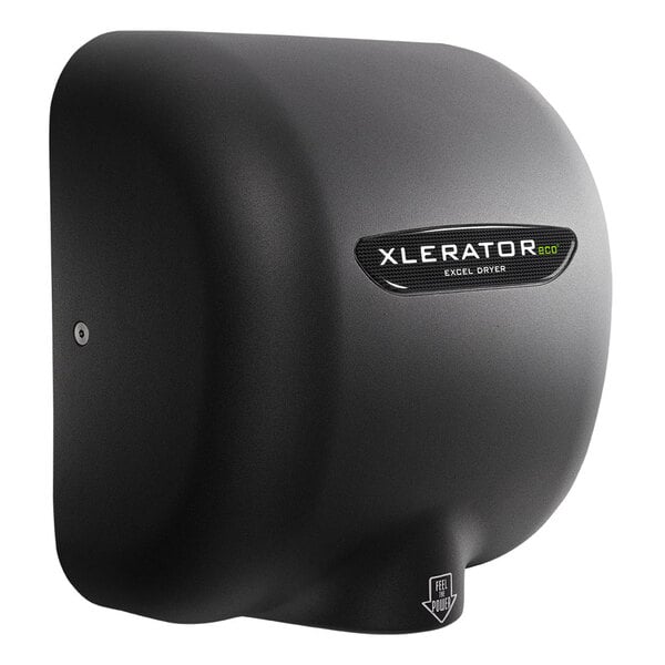 A graphite Excel XLERATOReco hand dryer with a logo on it.